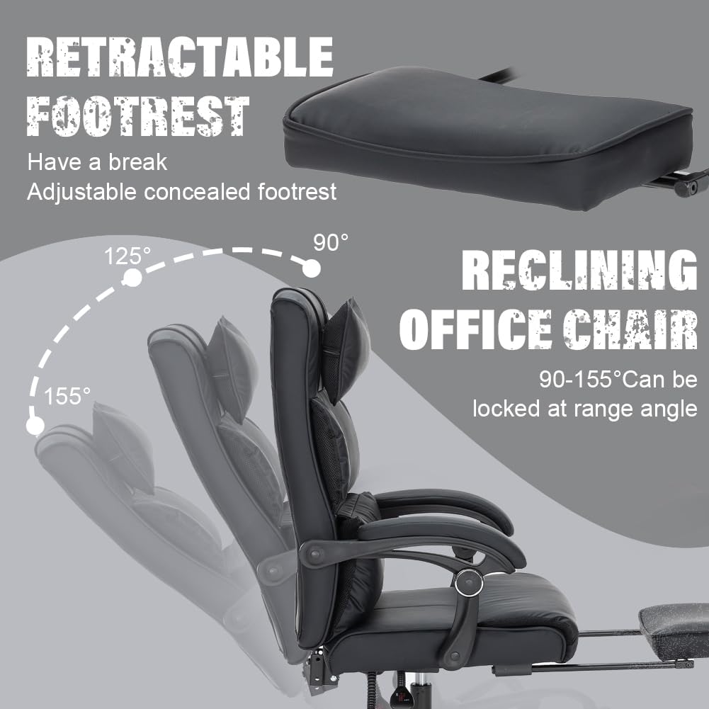 Comfort Reclining Leather Office Chair with Foot Rest | BLACK