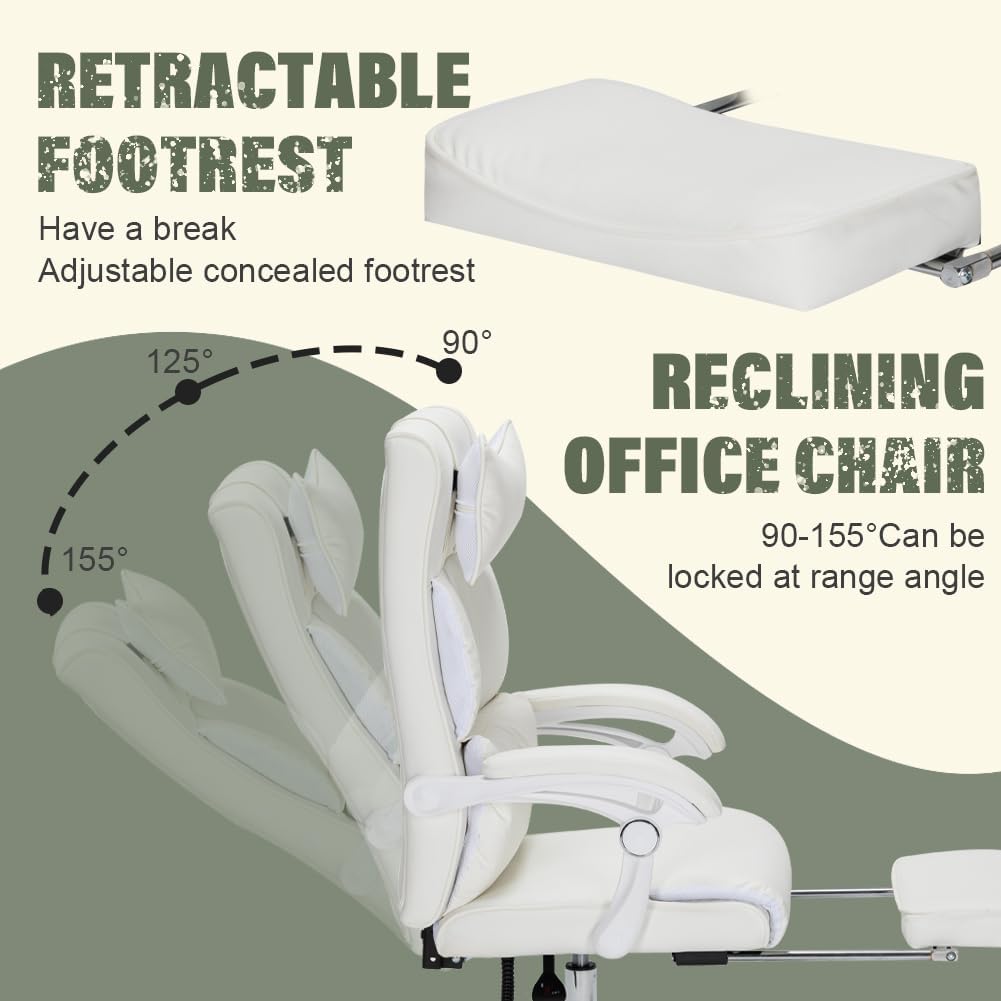 Comfort Reclining Leather Office Chair with Foot Rest | WHITE