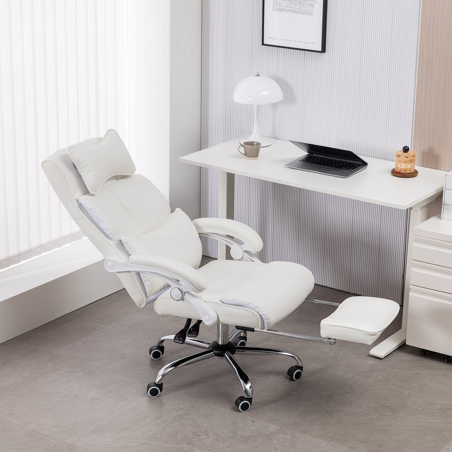 Comfort Reclining Leather Office Chair with Foot Rest | WHITE