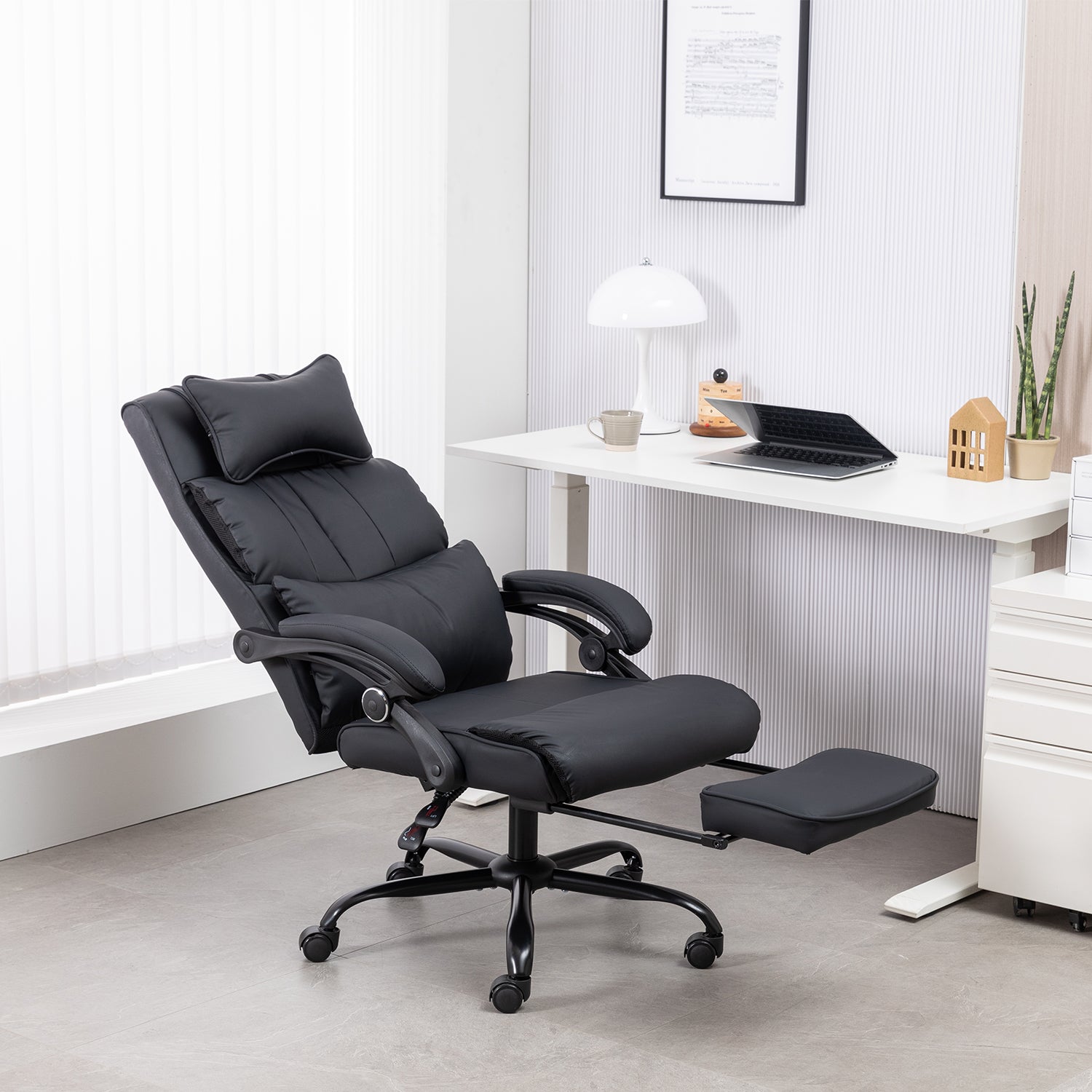 Comfort Reclining Leather Office Chair with Foot Rest BLACK HousePrint