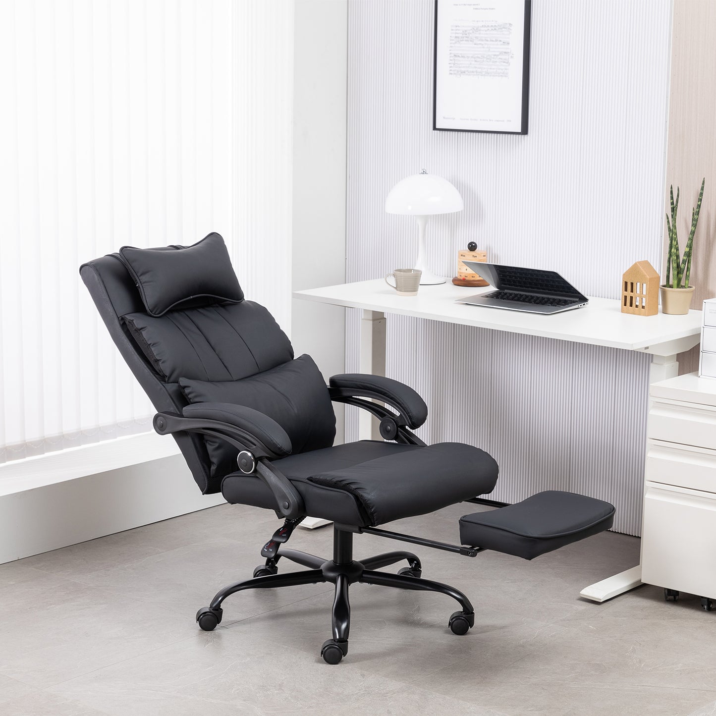 Comfort Reclining Leather Office Chair with Foot Rest | BLACK