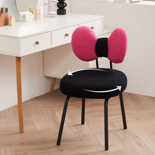 Vanity Chair with Back Comfy Desk Chair Swivel Makeup Stool with Bowknot for Bedroom | BLACK