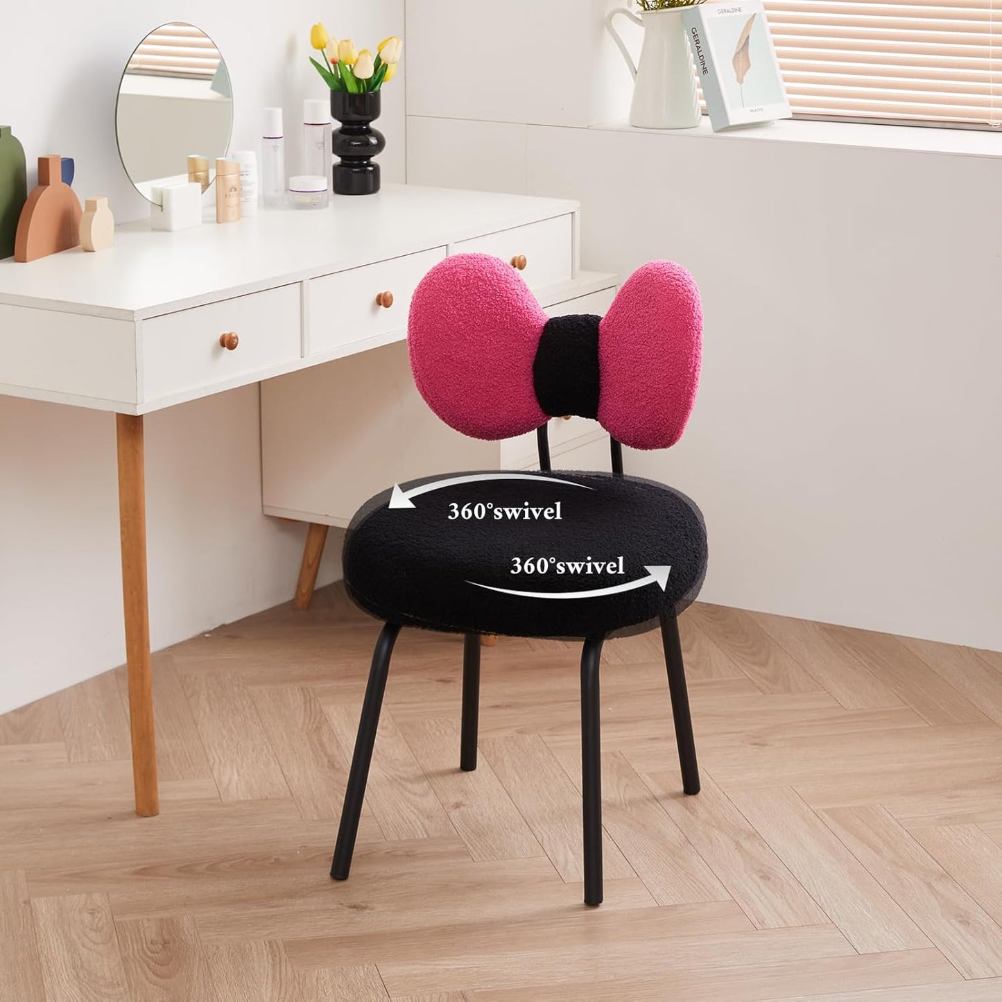 Vanity Chair with Back Comfy Desk Chair Swivel Makeup Stool with Bowknot for Bedroom | BLACK