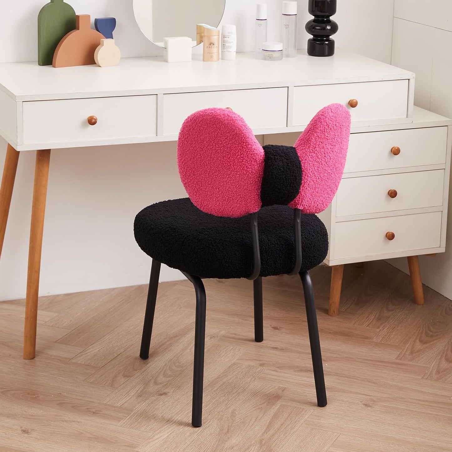 Vanity Chair with Back Comfy Desk Chair Swivel Makeup Stool with Bowknot for Bedroom | BLACK